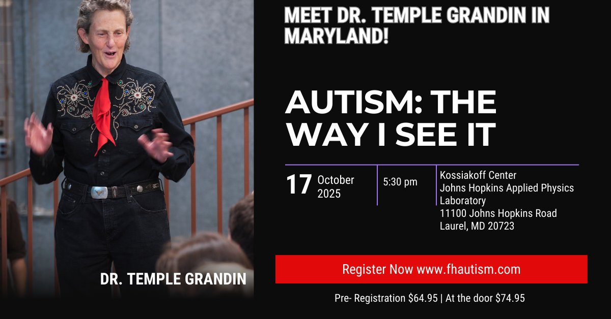 Hear Dr. Temple Grandin live! 🌟
Renowned autism advocate &amp; scientist shares her journey + practical tips for families &amp; educators.
#TempleGrandin #Autism

Reserve your seat today! tinyurl.com/TG-In-Maryland