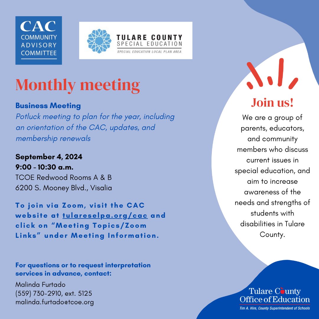 Parents of children with special needs – the Community Advisory Committee will hold its first meeting of the new school year on Thurs., Sept. 4, from 9:00 until 10:30 a.m. in the Redwood Conference Center. Zoom links at tulareselpa.org/cac under “Meeting Topics/Zoom Links.”