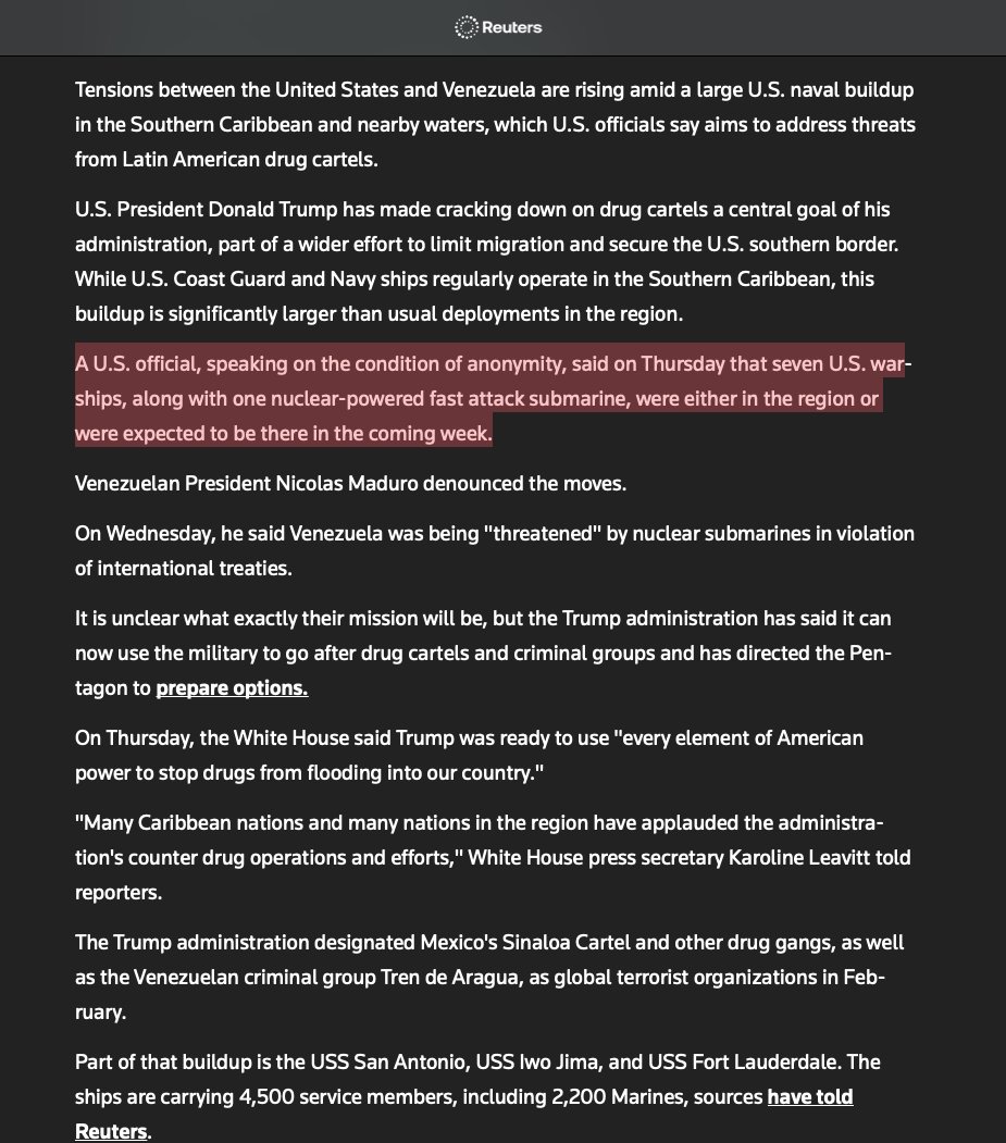 🇺🇸🇻🇪‼️ | ÚLTIMA HORA — REUTERS: Un alto funcionario de EE.UU. confirma que 7 buques de guerra y un submarino nuclear estarán en el Caribe Sur la próxima semana, en la mayor operación naval contra carteles latinoamericanos.