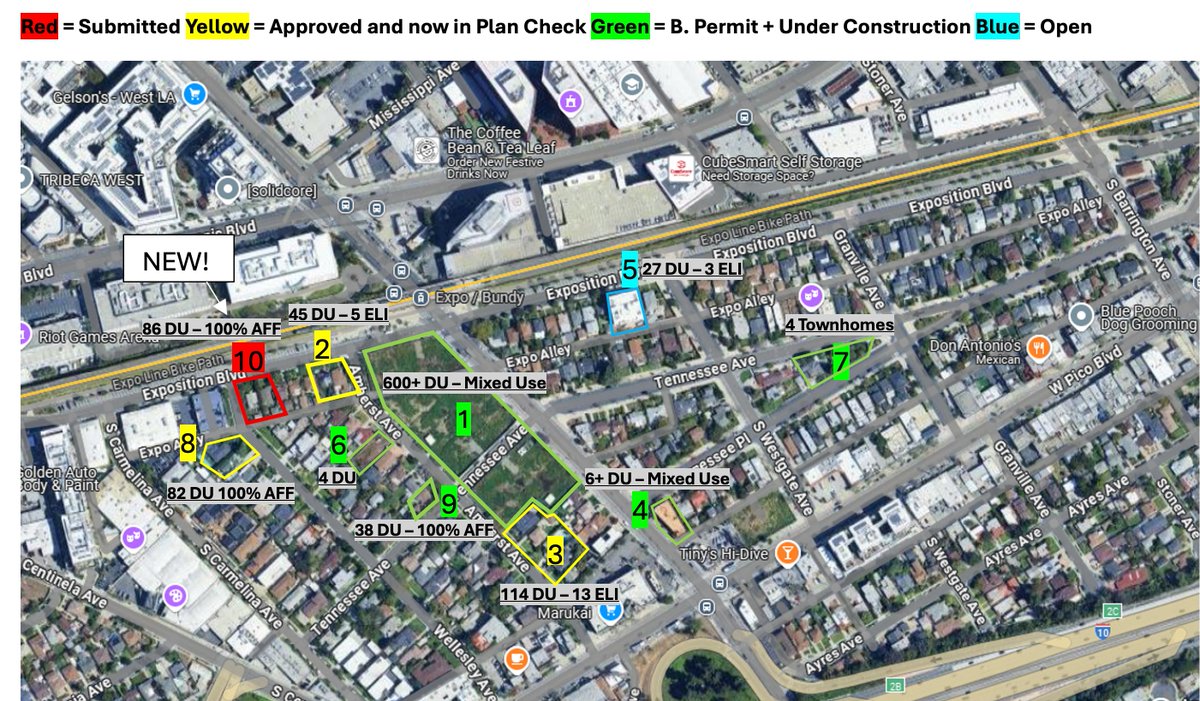 Updated Expo/Bundy infill🏘️ tracker, another 86 unit 100% affordable apt just submitted! (Replacing 2 SFHs)

SB 79 will replicate this rare upzoning success across LA's rail lines. It’s been blunted by macroeconomics, ULA, linkage fees, dept slowdowns, fees, etc - but happening.