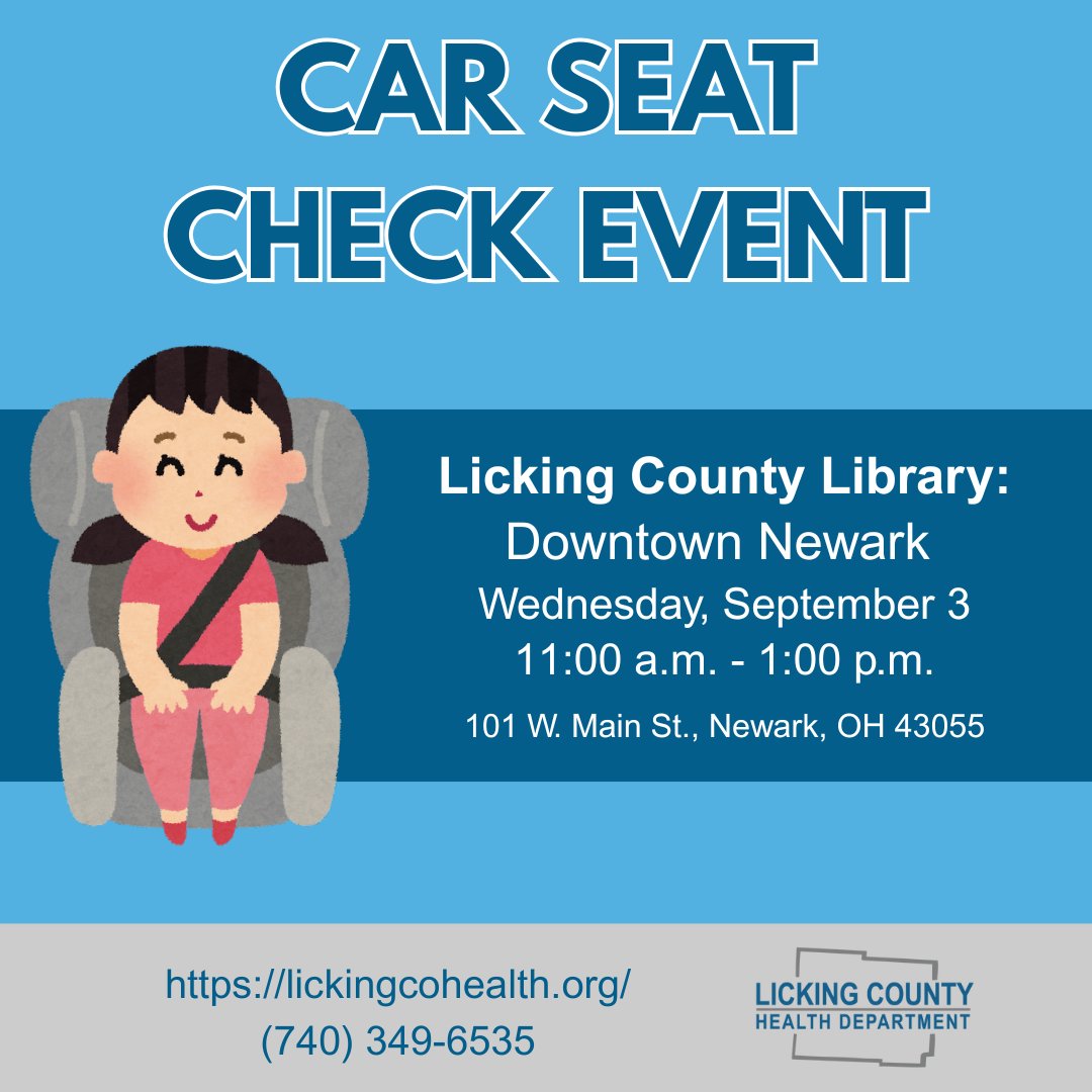 The Licking County Health Department is providing free information and child car seat checks! They will be available directly after Tots and Twos Story Time outside the Discovery Center and will proceed to conduct the child car seat check in the parking lot. It is not necessary