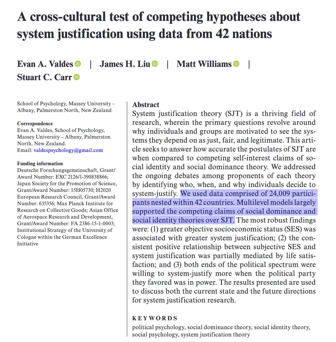 A new analysis of 24,009 people across 42 countries largely supported the competing claims of social dominance and social identity theories over system justification theory
onlinelibrary.wiley.com/doi/10.1111/po…