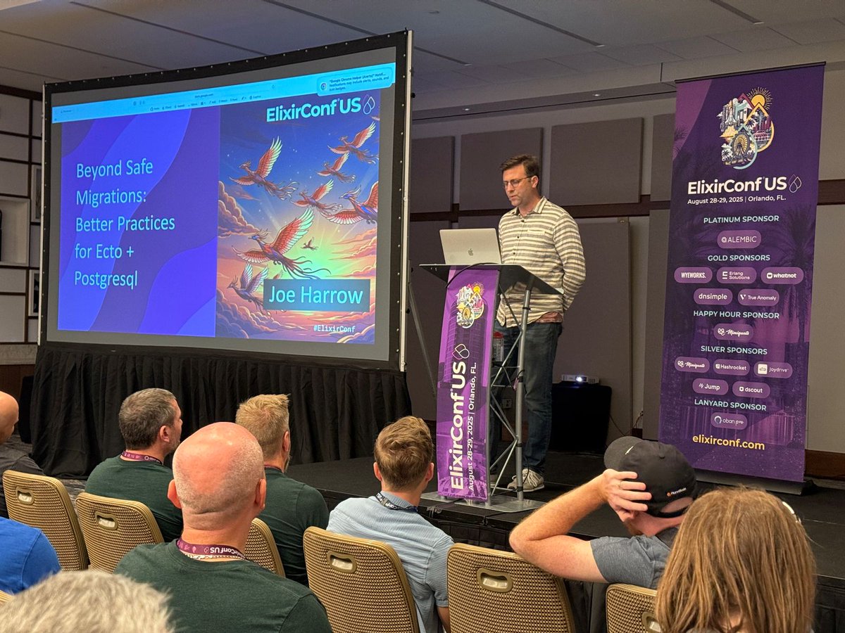 ElixirConf's tweet image. 🧠 # Tests pass ≠ migration is safe
PostgreSQL locking can catch teams off-guard
Joe Harrow shares production migration battle scars and how to build a cautious yet fast-moving migration culture. #ElixirConfUS