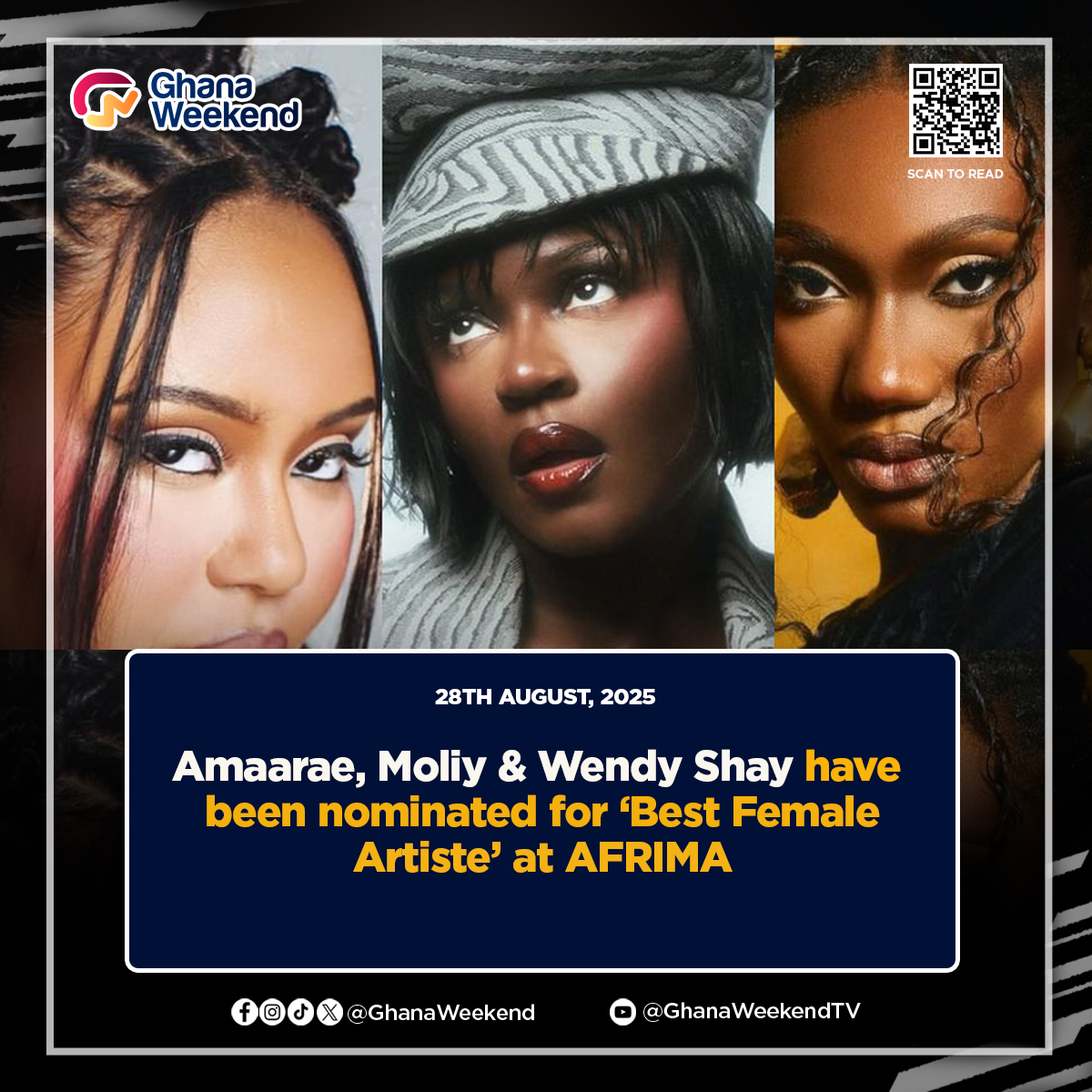 Amaarae, Moliy &amp; Wendy Shay have been nominated for ‘Best Female Artiste’ at AFRIMA

[Read more]
ghanaweekend.com/2025/08/28/ama…

#GhanaWeekend