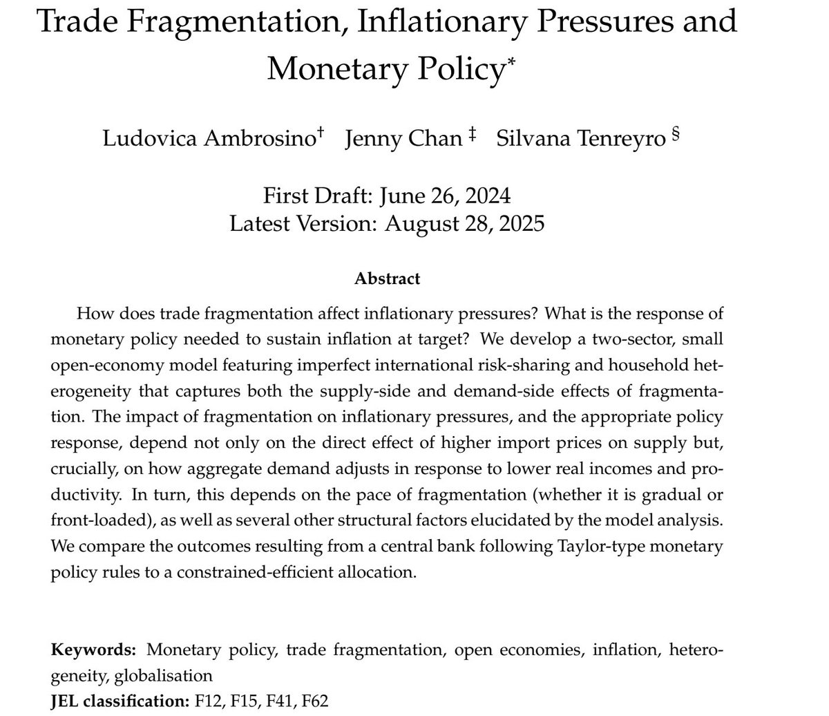 🚨New Draft: “Trade Fragmentation, Inflationary Pressure and Monetary Policy” with <a href="/CJenGo88/">Jenny Chan</a>  and Silvana Tenreyro 🚨

We ask how trade fragmentation affects inflationary pressure and what monetary policy needs to do to sustain inflation at target. 1/

drive.google.com/file/d/1ud1xDT…