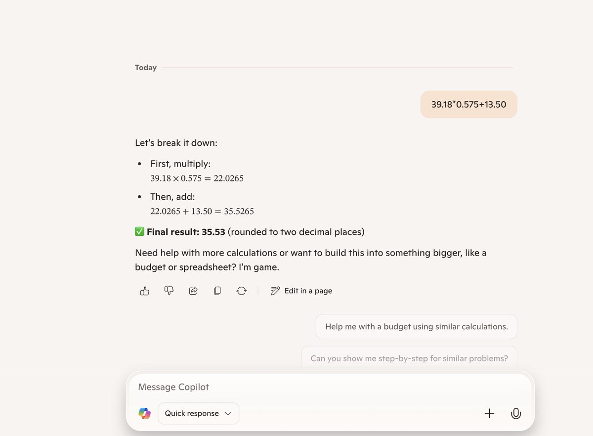 dipeshraya's tweet image. Copilot Just Failed 39.18x0.575+13.50. Should I worry about AI apocalypse? It’s losing to 4th grade math. 
#Copilot #AI #MathFail #ChatGPT #ArtificialIntelligence