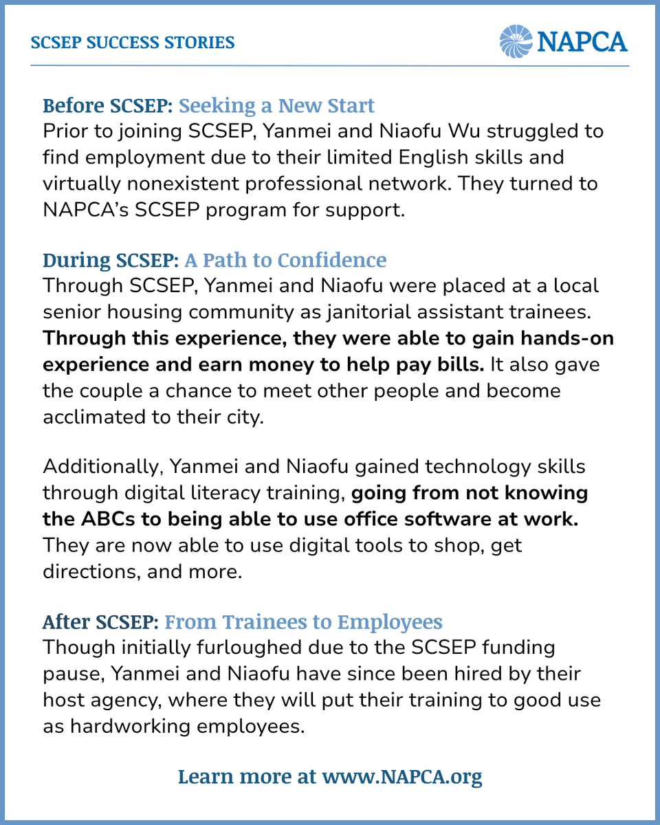 Though initially impacted by last month's SCSEP furloughs, Yanmei and Niaofu Wu have since been hired by their host agency! 

Despite this great news, thousands of seniors remain furloughed and vulnerable as the funding pause continues, reminding us that #SCSEPMatters.