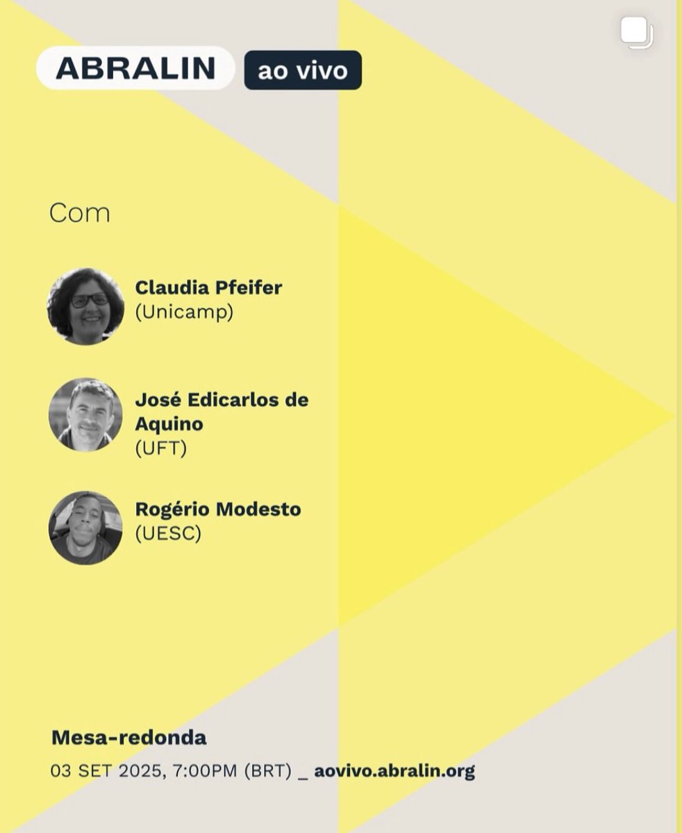 MJGarciaFolgado's tweet image. Mesa redonda “História das Ideias Linguísticas no/do Brasil” organizada por @abralin_oficial 
Con Claudia Pfeifer, José Edicarlos de Aquino y Rogério Modesto.
📆 03.09.2025
Online:  aovivo.abralin.org
#histlx