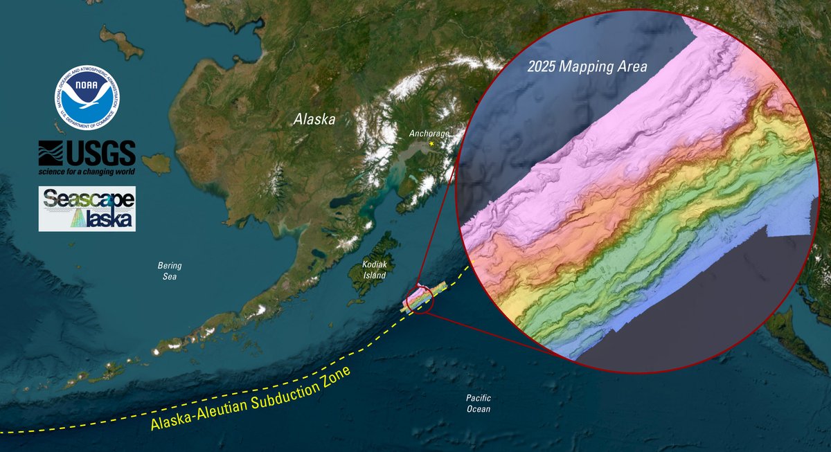 USGSCoastChange's tweet image. In summer 2025, the @USGS worked with @NOAA to map a large swath of seafloor offshore of Kodiak Island, Alaska, along the Alaska-Aleutian Trench: ow.ly/F0Ku50WNS77 #KodiakIsland #seafloormapping #slopefailure #marinegeology #marinegeophysics #seabedfaulting