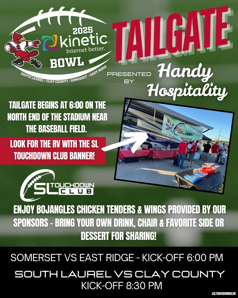 Join the fun early &amp; Tailgate at Kinetic Bowl, thanks to our amazing sponsor, Handy Hospitality! Enjoy delicious food &amp; great company while we celebrate SENIOR NIGHT! Let’s show our support for our Senior Cardinals! 🏈❤️

#SLTouchdownClub #OnwardCards #WeCominWAO