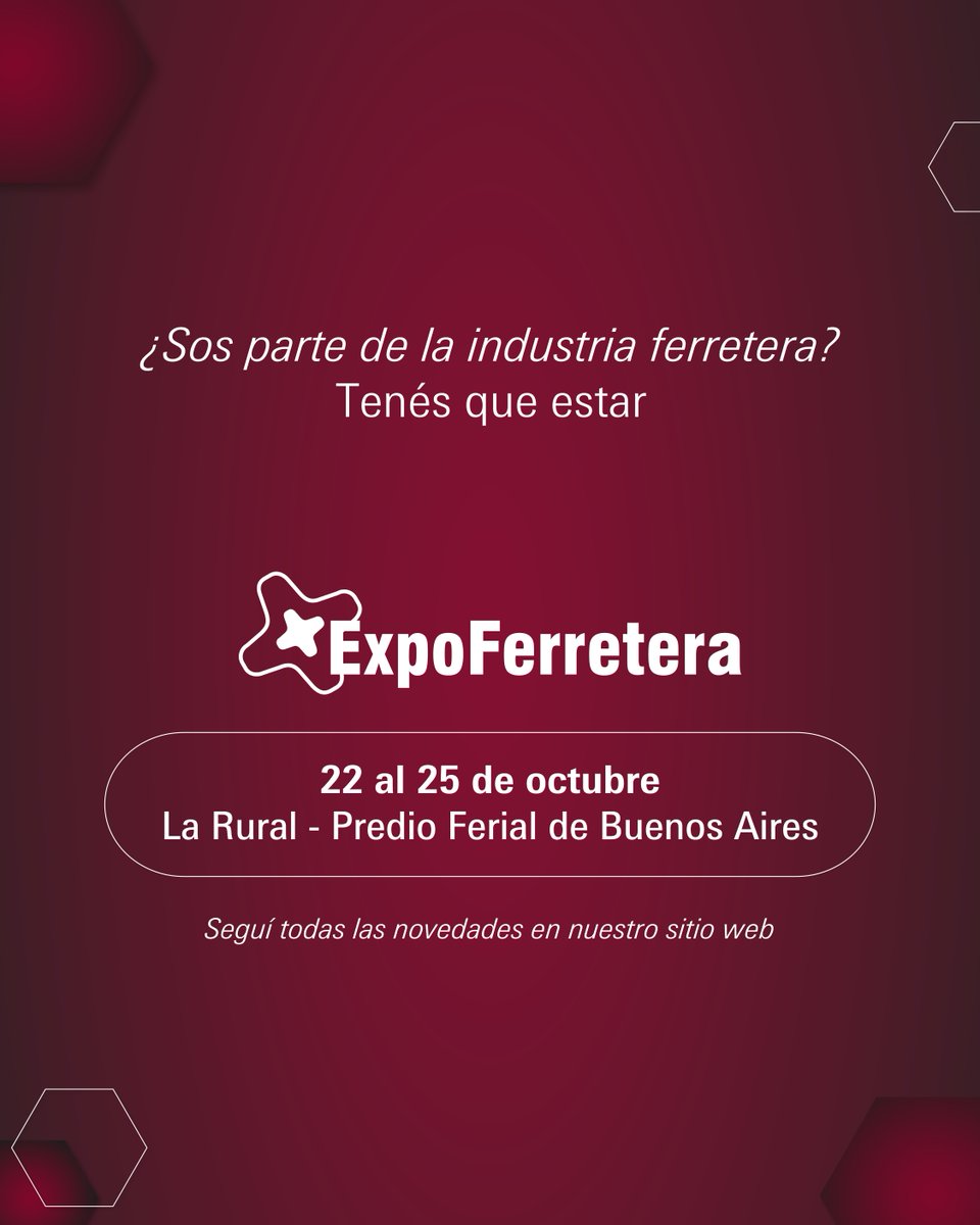 Ser protagonista del sector requiere estar donde se mueven las oportunidades
ExpoFerretera es el punto de encuentro imprescindible para ferreteros, proveedores y referentes
🗓 22-25 octubre | 📍 La Rural
Seguí todas las novedades en nuestro sitio oficial
🔗expoferretera.ar.messefrankfurt.com/buenosaires/es…