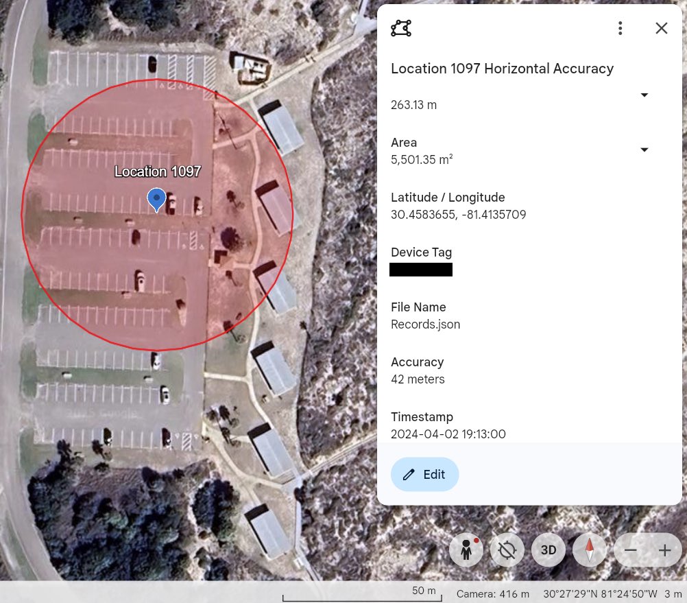 Thanks to our great DFIR Community and discussion on the matter, I’m happy to announce our Google Location History Takeout Parser, Version 1.4.1. We’ve added Horizontal Accuracy KMLs for Records.JSON data and Parking Events. Get it at tinyurl.com/4aua56u4 Google Earth example: