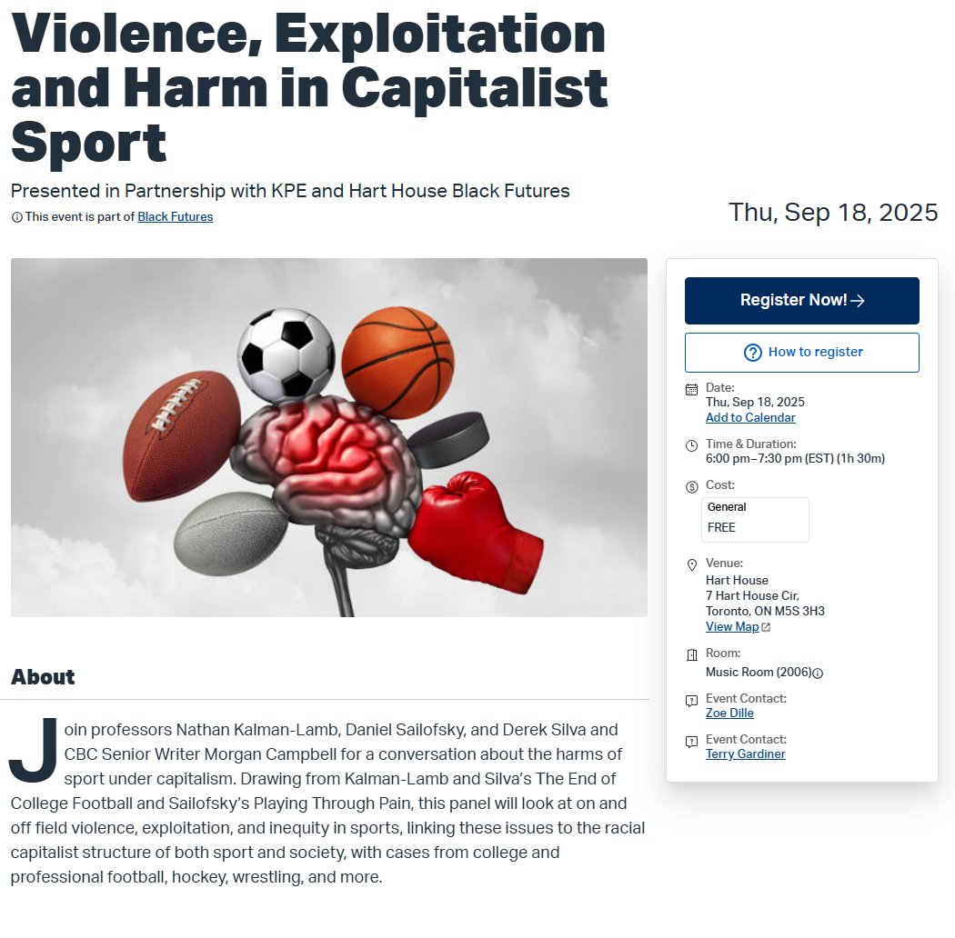 On Sept 18, come to Hart House in Toronto to see <a href="/DanielSailofsky/">Daniel Sailofsky</a>, <a href="/MorganPCampbell/">Morgan “Absolute Heater of a Memoir” Campbell</a>, <a href="/Derekcrim/">Derek Silva (derekcrim.bsky.social)</a> + I discuss and sign our books, which is to say talk about violence, exploitation and harm in capitalist sport.

Registration is filling up!

harthouse.ca/events/violenc…