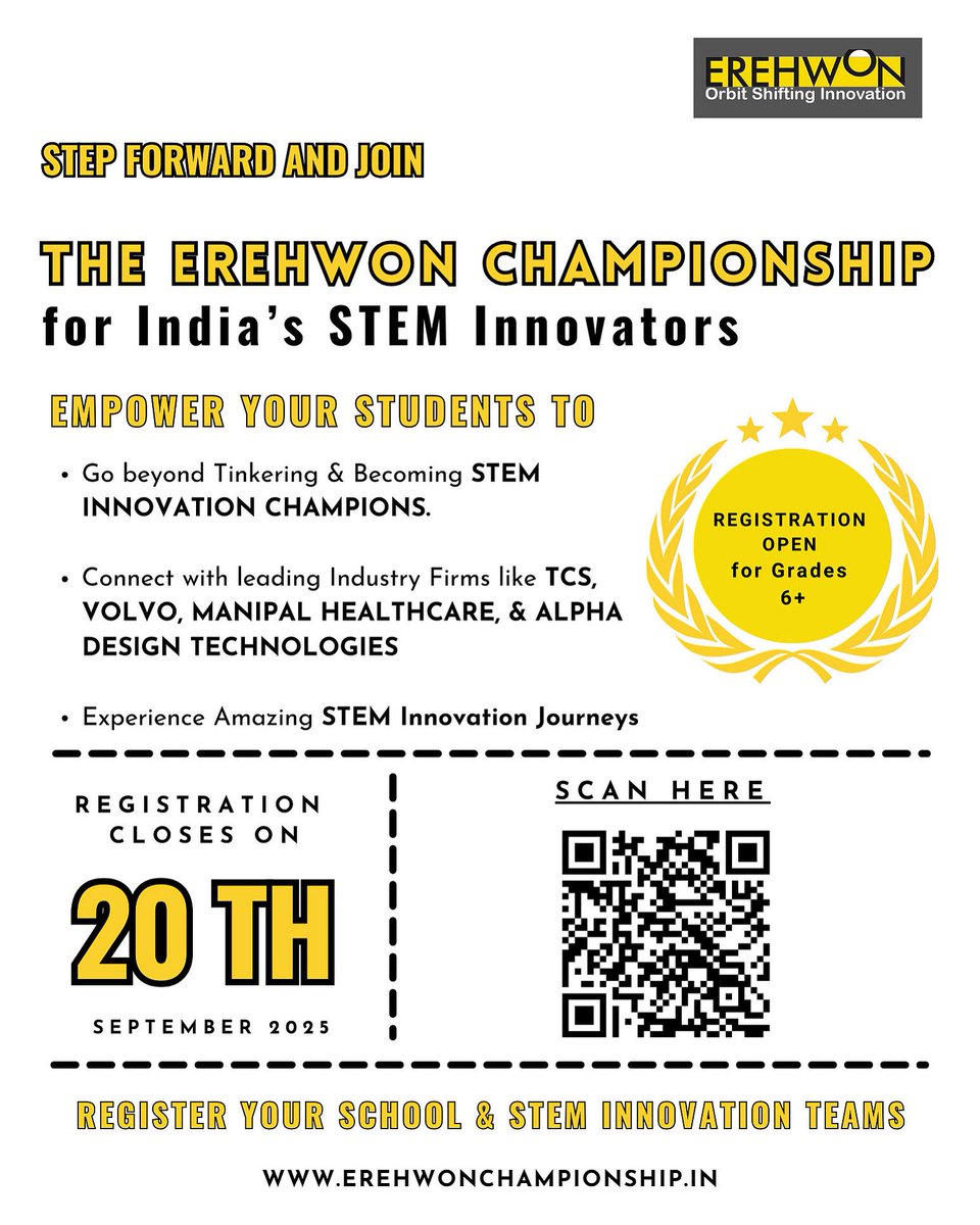 OrbitShifting's tweet photo. Erehwon Championship 2025 is here!
India’s brightest young innovators.

This is YOUR chance to turn ideas into real impact:

- Mentorship
- Showcase your ideas
- Inspire change

Register now: https://t.co/evaqjnpMff

#ErehwonChampionship2025 #STEMChampions #stem https://t.co/r6fkMS9gzW