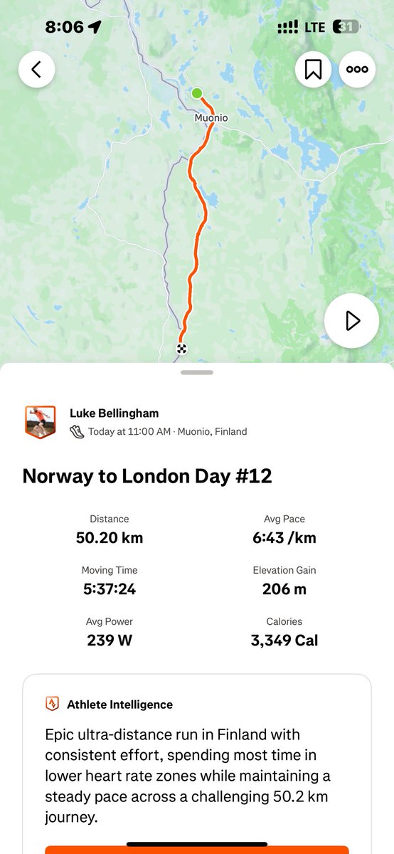 Norway to London Day #12
50.20km

Started strong, dipped in the middle brought it back in the end.
After long gruelling roads we finally made it back to civilisation with paths to run on instead- the little wins at this point. 
All was going well until 28km but problem solved🫡