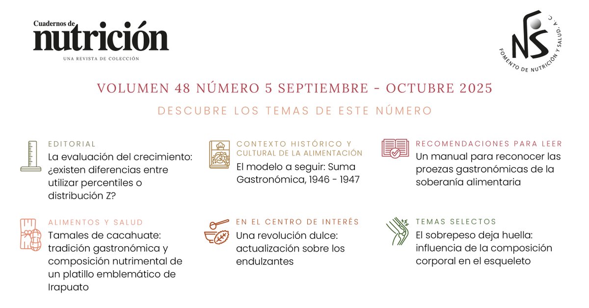 🍯📏🫔Descubre los temas más fascinantes en nuestra revista Cuadernos de Nutrición de septiembre - octubre de 2025.
Visita nuestro sitio web para obtener tu suscripción anual que te dará acceso a los 6 números que publicamos cada año y a la biblioteca de números anteriores.