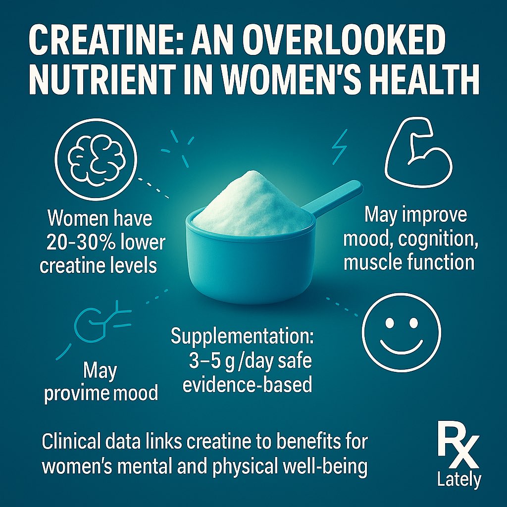 rxlately's tweet photo. Women have 20–30% lower creatine turnover and intake.

Clinical trial: Creatine (5 g/day) + Lexapro® improved depression outcomes in women.

Safe, evidence-based, 3–5 g/day may also support mood, cognition, and energy.

Source: Am J Psychiatry, 2012

#WomensHealth #Creatine https://t.co/n8n0fUDacU