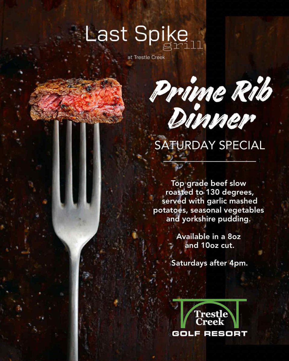 Prime rib Saturdays are back! 🥩 Starting Saturday, August 30 &amp; running every Saturday through fall. Slow-roasted top-grade beef cooked to perfection, served with:

Garlic mashed potatoes 🥔
Seasonal vegetables 🥦
Classic Yorkshire pudding 🥮

Come hungry &amp; bring your friends!