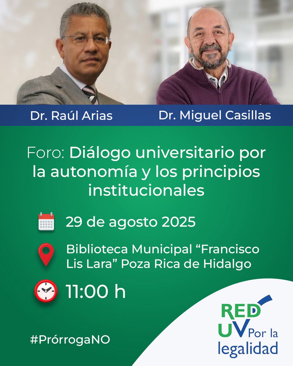 Lo peor que podemos hacer como universitarios es quedarnos callados, aceptar imposiciones y no hacer nada. #ProrrogaNo , UNETE A LA RED UV POR LA LEGALIDAD, ASISTE AL FORO. VIERNES 29 DE AGOSTO, 11:00 HRS. Biblioteca Francisco Lira Lara. Parque Juárez #PozaRica.