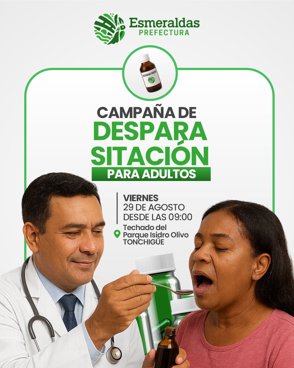 PrefecturaESM's tweet photo. ¡Es tiempo de cuidar tu salud!
La Prefectura de Esmeraldas invita a todos los adultos de Tonchigüe a participar en la Campaña Gratuita de Desparasitación.

🗓 Viernes 29 de agosto
🕘 Desde las 09h00
📍 Techado del Parque Isidro Olivo – Tonchigüe

#EsmeraldasSaludable https://t.co/hbWlu4bKUd