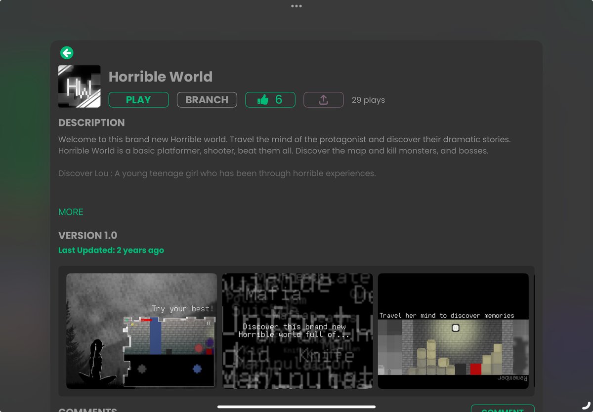 hyperPadApp's tweet image. Terrifying traps, shadowy vibes, and a world that wants to stop you.

Horrible World is a challenging platformer that feels like a nightmare you want to beat. Made on iPad.

#hyperPad #platformer #ipadgames #darkgames #indiegames