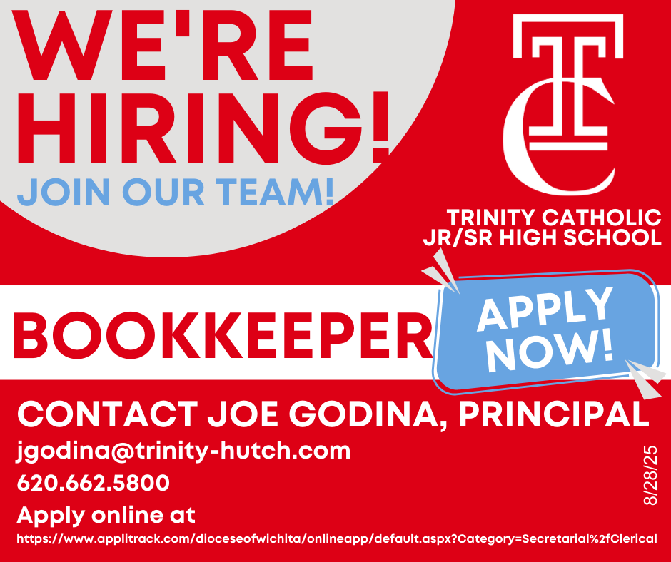TrinityCatholic's tweet image. # Job Opportunity: Bookkeeper at Trinity Catholic

Trinity Catholic is seeking a qualified individual to take on the role of bookkeeper. If you are interested in this position, please contact Joe Godina, Principal and submit your application online at applitrack.com/dioceseofwichi…