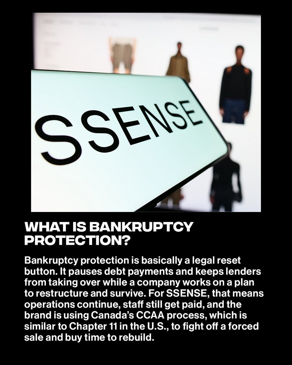 ComplexStyle's tweet photo. SSENSE has filed for bankruptcy protection 

Montreal-based luxury e-tailer Ssense is filing for bankruptcy protection after lenders pushed for a sale and U.S. tariffs hit hard. CEO Rami Atallah says the move is meant to keep control of the company and restructure for the future. Despite a 28% sales drop and layoffs this year, Ssense says it’ll keep operating and paying employees while the court decides its next steps