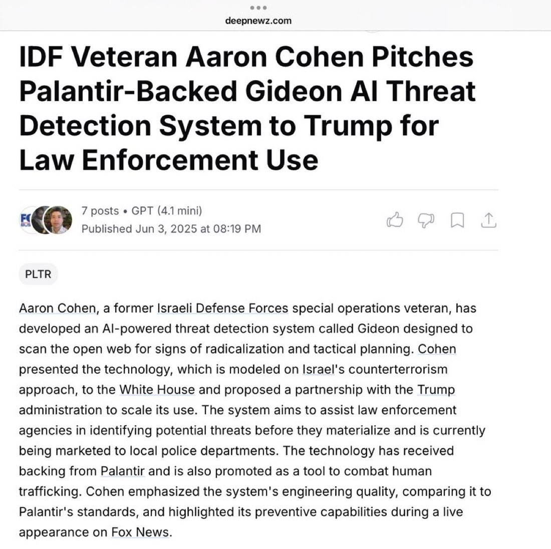 TPV_John's tweet image. Aaron COHEN, an IDF special operations veteran was just on Fox News promoting a new program he created called “GIDEON” that will go into use NEXT WEEK, which uses AI to determine threat assessments of individuals who have not yet been convicted of a crime that are then forwarded…