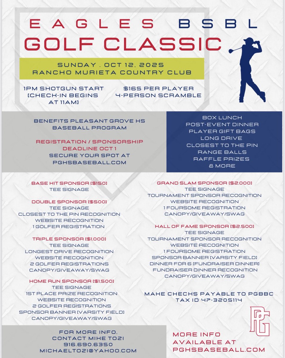 Please join us for the 2025 Eagles Baseball Golf Classic — Oct. 12 at the Rancho Murieta Country Club. Secure your spot as a golfer/sponsor at PGHSBaseball.com (by Oct. 1). We are grateful for the continued support of our community!