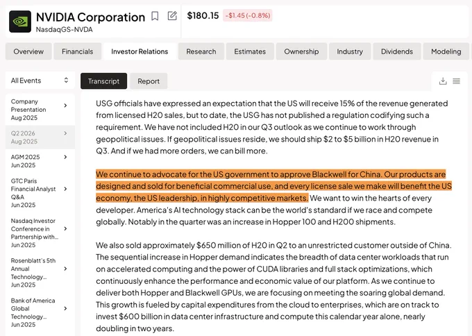 📊FISCAL: "Nvidia: Vendite di licenze in Cina per rafforzare l'economia e la leadership statunitense"