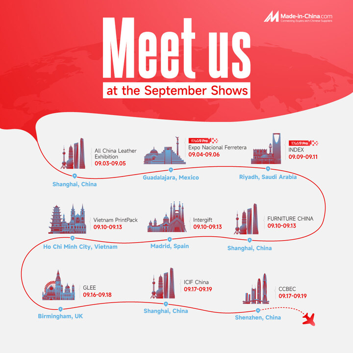 madeinchina_b2b's tweet image. Check out Made-in-China.com’s upcoming exhibitions this September!
We’ll be showcasing around the world, so don’t miss your chance to connect with us at our booths.
We look forward to meeting you there! 🙌
#MIC #MadeInChina #Sourcing #eCommerce #OnlineShopping