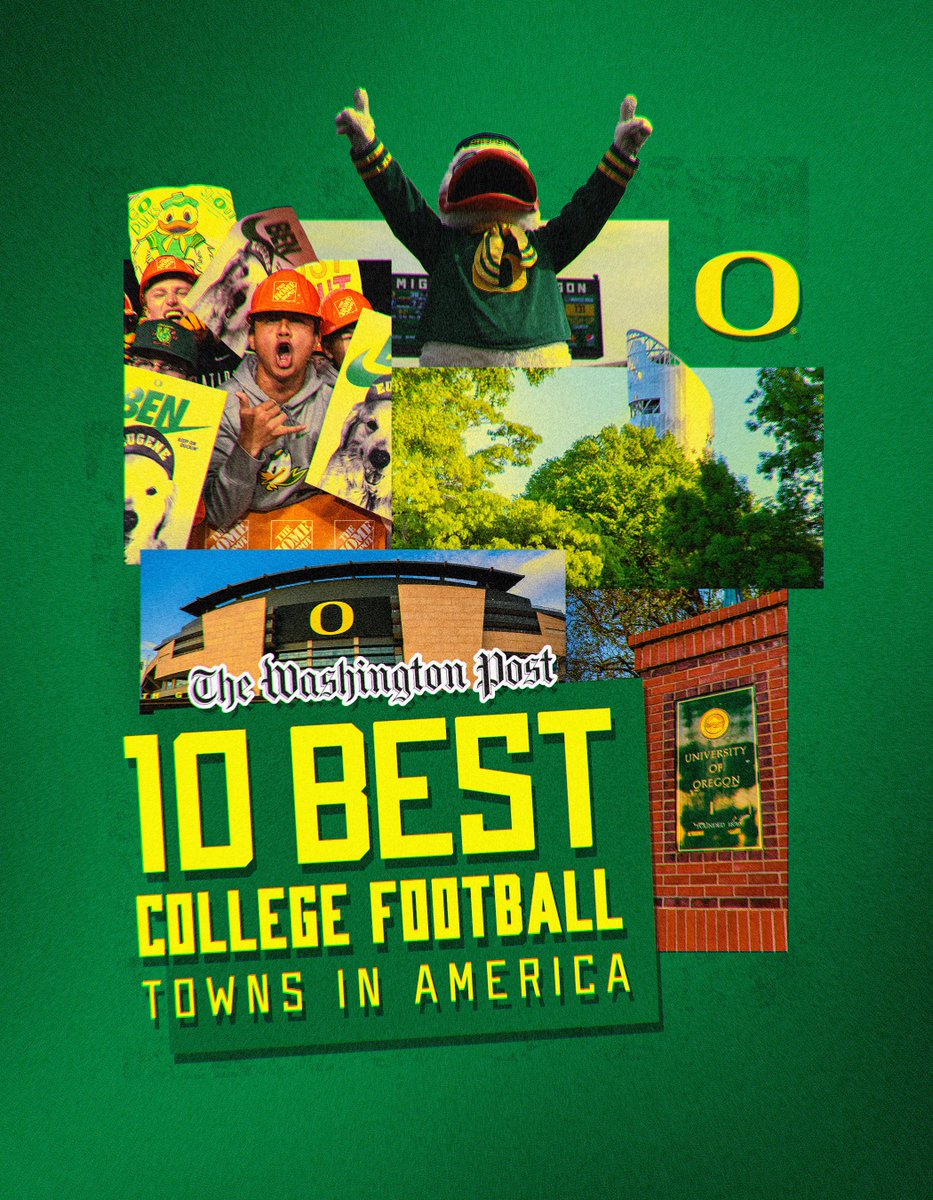 GoDucks (@goducks) on Twitter photo No place like home.
Eugene has been named 1 of the 10 best football towns in America by the <a href="/washingtonpost/">The Washington Post</a>. #GoDucks No place like home.
Eugene has been named 1 of the 10 best football towns in America by the <a href="/washingtonpost/">The Washington Post</a>. #GoDucks