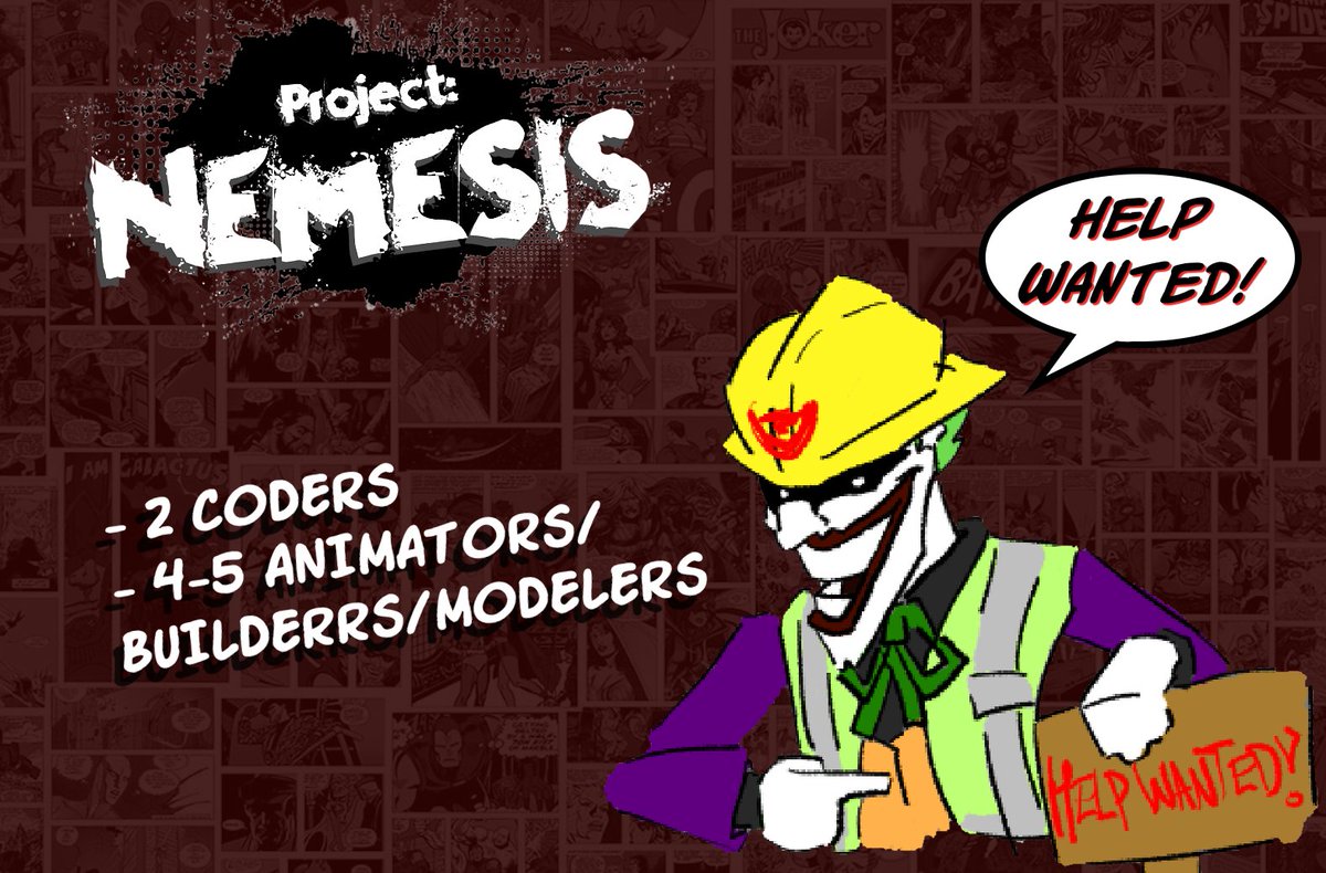 !!! PROJECT: NEMESIS HELP WANTED !!!

Mine and <a href="/nerksthetoaster/">nerks (projecting my nemesis) 🍉</a>'s ROBLOX Asymmetrical game featuring supervillains is now accepting help* to try and make it a reality!! Leave examples of your work below if interested! We're also accepting examples from artists and composers too!!