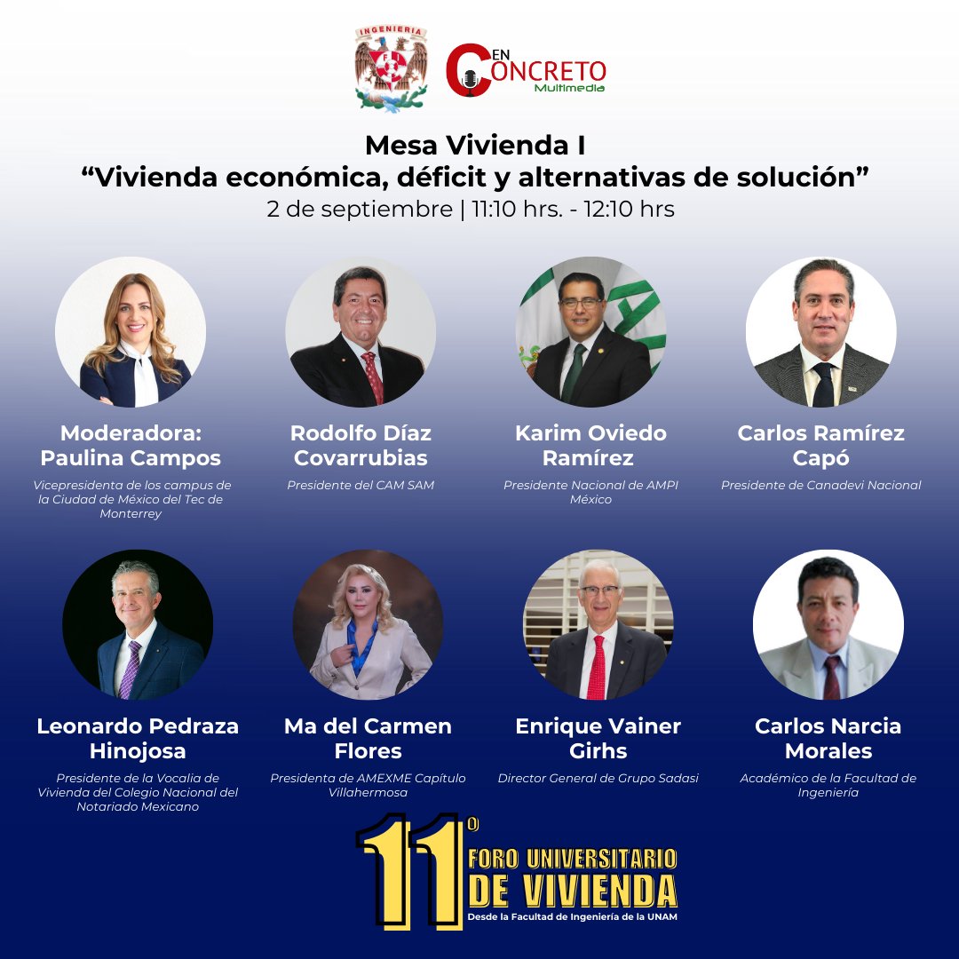 enconcreto's tweet photo. 💡 ¿Cómo enfrentar el déficit de #vivienda económica en #México?
Se discute en la Mesa Vivienda I del 11º #ForoUniversitario de Vivienda.

🗓️ 2 de septiembre | 11:10 hrs | FI-@UNAM_MX
Modera: Paulina Campos (@paulinacampos ), Vicepresidenta de Campus CDMX @TecdeMonterrey 
Con:
✅ Arq. Rodolfo A. Díaz Covarrubias, Pdte. del  CAMSAM  (@colegiodearqs )
✅ Karim Oviedo Ramírez (@KarimOviedo), Pdte. de @ampimexico
✅ Carlos Ramírez Capó (@_RamirezCarlos_ ), Pdte.  de la (@CANADEVINAC)
✅ Leonardo Pedraza Hinojosa, Presidente de la Vocalía de Vivienda del Colegio Nacional del Notariado Mexicanoo (@notariadomex)
✅ Ma. del Carmen Flores (@MaCarmenANCSAC ), Pdta. de @amexme_tab
✅ Enrique Vainer Girhs, DG Grupo Sadasi (@SadasiOficial)
✅ Carlos Narcia Morales, Académico FI-UNAM (@FIUNAM_MX)

📲 Síguelo en vivo 👉 https://t.co/pyV6hE96hM