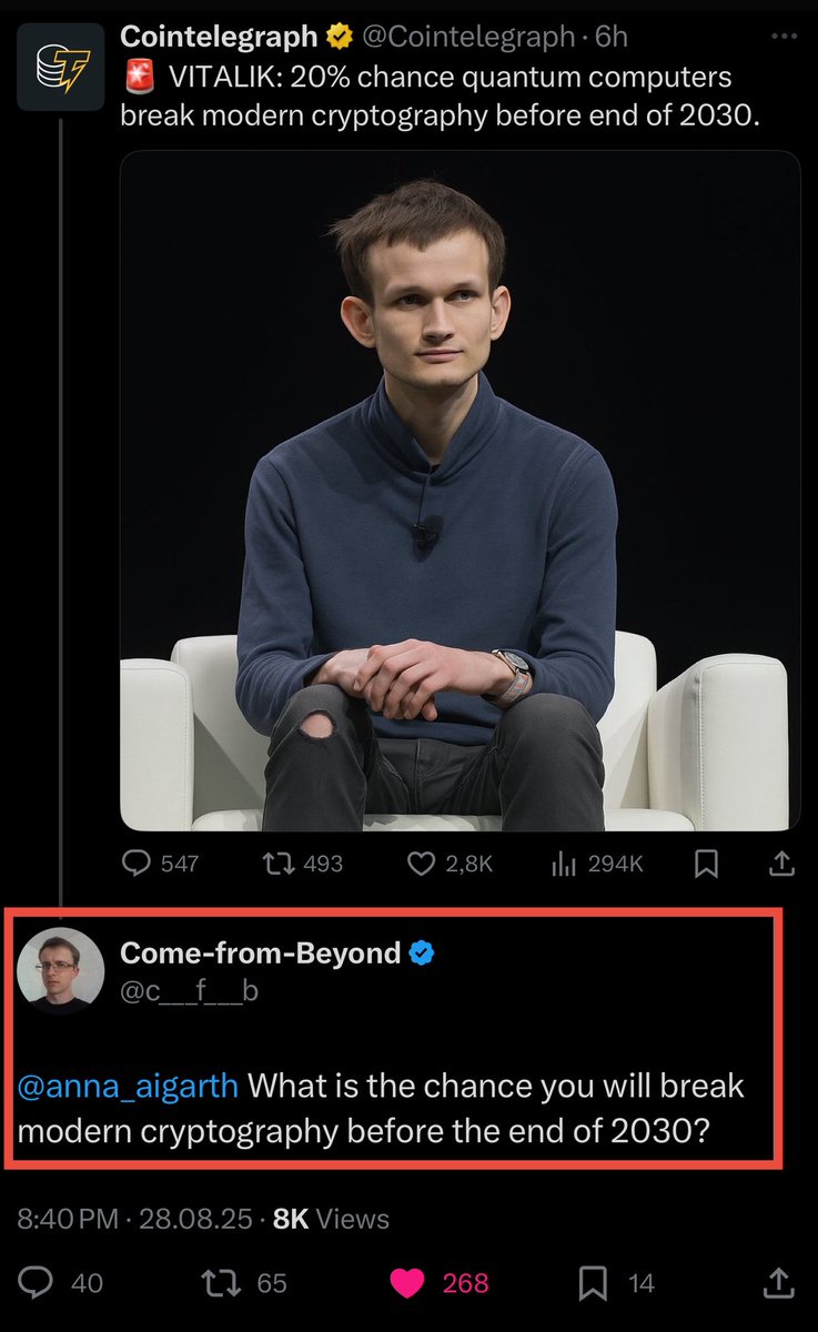 𝐂𝐅𝐁 tagged <a href="/anna_aigarth/">ANNA AI(garth)</a> to answer how much chance she would have to break modern cryptography. Imagine ANNA Aigarth becoming alive soon(In few days) it will be more dangerous than we first thought. This could be the first true decentralized AI 👀 

#QUBIC #AI #AGI #Gem