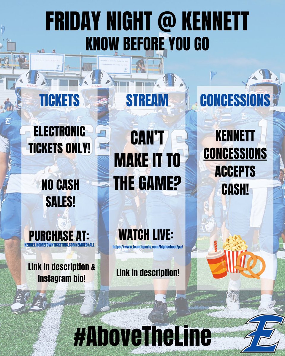 🚨IMPORTANT GAME DAY INFO🚨

🎟️ Admission for tomorrow's game at Kennett is via electronic tickets ONLY! Please purchase ahead of time at: kennett.hometownticketing.com/embed/all

The game will be streamed online for free at: team1sports.com/highschool/pa/

Kennett's concession stand DOES accept cash!