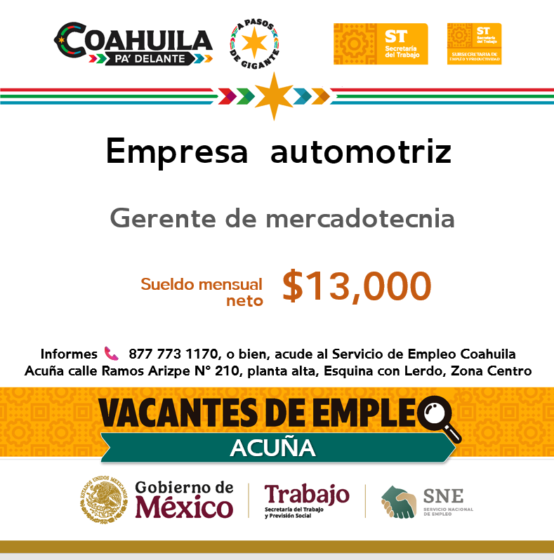 📢 Vacante de empleo en  #RegiónNorte 💼🔎

#Acuña
📍  Ubicación: Servicio de Empleo Coahuila
📌 Dirección: Ramos Arizpe N° 210 esq. con Lerdo,planta alta, Zona Centro
📞 Informes: 877 773 11 70

Contáctanos hoy mismo. 🙌

#CoahuilaPaDelante #APasosDeGigante #SNEparaTodos