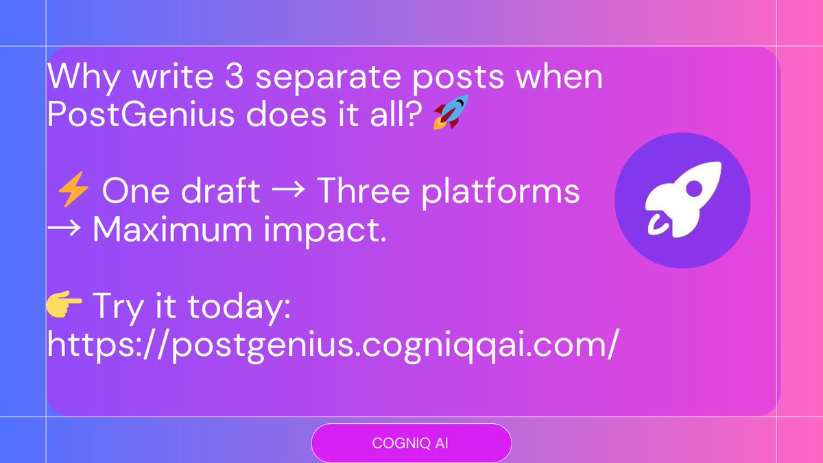 PostGeniusAI's tweet image. Boost your LinkedIn, Twitter, &amp;amp; Reddit game with PostGenius! 🚀 Create viral-ready posts in a snap with this AI-powered tool. Join the community &amp;amp; start for free! 🌟tinyurl.com/PostGeniuscom

postgenius.cogniqqai.com  

#ContentCreation #PostGenius #LinkedIn #X #Reddit #Content