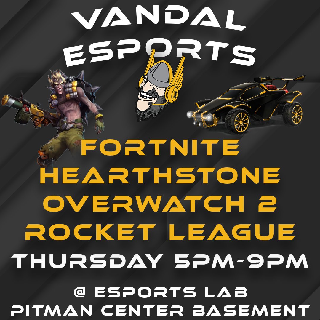 🔥 VANDAL ESPORTS TRYOUTS 🔥
Fortnite • Hearthstone • Overwatch 2 • Rocket League 🎮
📅 Thursday | ⏰ 5–9PM
📍 Esports Lab – Pitman Center Basement

Show your skills. Earn your spot. 🖤💛
#VandalEsports #Esports #UIdaho