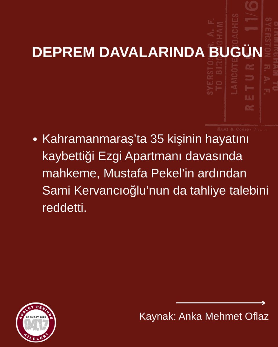 DEPREM DAVALARINDA BUGÜN /28.08.25 

📌Gaziantep'te 6 Şubat depremlerinde yıkılan Furkan Apartmanı'nda 51 kişinin hayatını kaybetmesiyle ilgili 4 kamu görevlisi hakkında dava açıldı.

📌Kahramanmaraş'ta 35 kişinin hayatını kaybettiği Ezgi Apartmanı davasında mahkeme, Mustafa