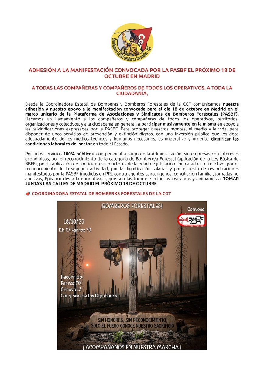 Desde CGT sarga, nos adherimos a la manifestación convocada x la <a href="/PASBF/">PASBF</a> el próximo 18 de octubre en Madrid.