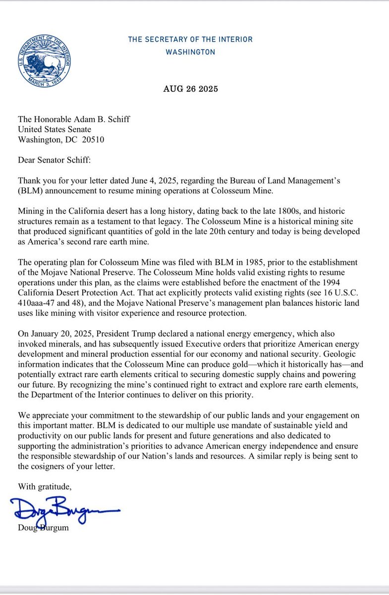Dateline_DTR's tweet photo. Thank you Secretary Burgum for reaffirming US support for the Colosseum Mine and its role in President Trump’s national security initiative as stated your letter dated August 26, 2025. @SecretaryBurgum @POTUS $DTREF $DTR https://t.co/q5DVzTHReL