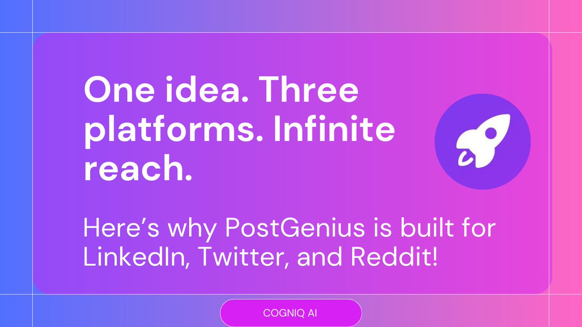 PostGeniusAI's tweet image. Boost your LinkedIn, Twitter, &amp;amp; Reddit game with PostGenius! 🚀 Create viral-ready posts in a snap with this AI-powered tool. Join the community &amp;amp; start for free! 🌟tinyurl.com/PostGeniuscom

postgenius.cogniqqai.com  

#ContentCreation #PostGenius #LinkedIn #X #Reddit #Content