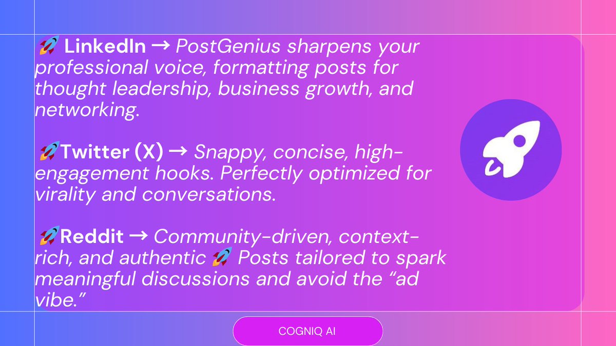 PostGeniusAI's tweet image. Boost your LinkedIn, Twitter, &amp;amp; Reddit game with PostGenius! 🚀 Create viral-ready posts in a snap with this AI-powered tool. Join the community &amp;amp; start for free! 🌟tinyurl.com/PostGeniuscom

postgenius.cogniqqai.com  

#ContentCreation #PostGenius #LinkedIn #X #Reddit #Content