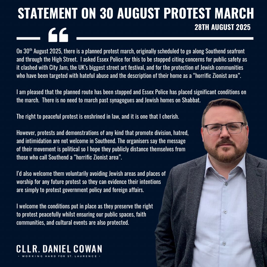 My statement on the Palestine protest march in Southend this weekend.

I welcome the conditions put in place.