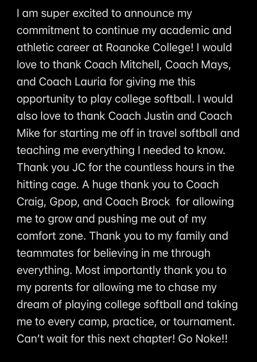Sydneyj_2026's tweet image. Can’t wait for this next chapter! Go Noke! ♥️🖤🤍 @RoanokeSoftball @UnitySizemore