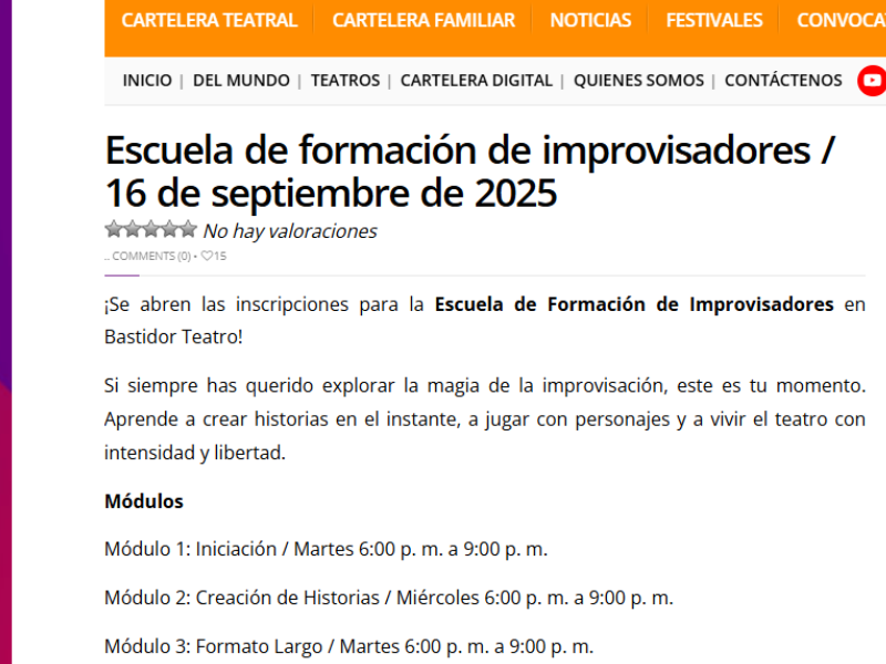 Abiertas inscripciones para la ESCUELA DE FORMACIÓN DE IMPROVISADORES en <a href="/BastidorTeatro/">Bastidor Teatro</a>. Más info en la sección Formación de Kioskoteatral.com: kioskoteatral.com/formacion-2/es…