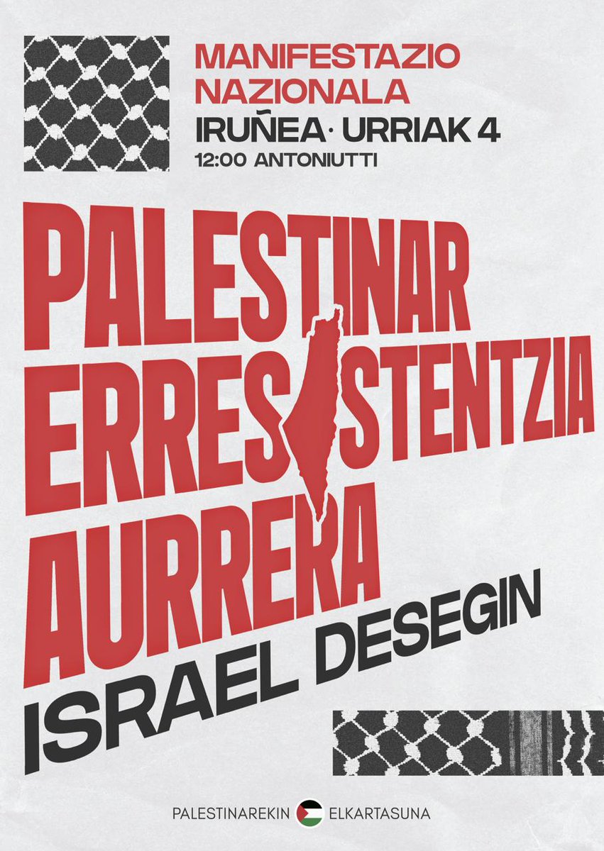 🇵🇸 U4 DENOK IRUÑERA! 

Bi urte pasa dira Urriaren 7tik. Bi urteotan historiako genozidio lazgarrienetako bat gauzatu du sionismoak Palestinan. Eta halere, palestinar herriaren erresistentzia grina ez da itzali, ezta haren aldeko elkartasuna ere! 

Gora palestinar erresistentzia!