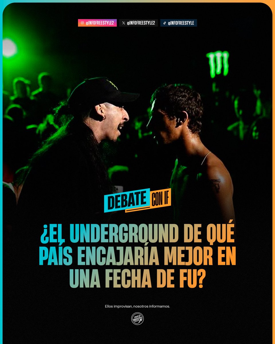 ¡DEBATE con Info Freestyle! 🗣

Comenta y responde: ¿El underground de qué país encajaría más en una fecha de FU? 💬 

EXTRA: Comenta también qué batallas te gustaría ver. 👀

Recordamos que se debe comentar respetuosamente y evitando el hate hacia competidores y organizaciones.