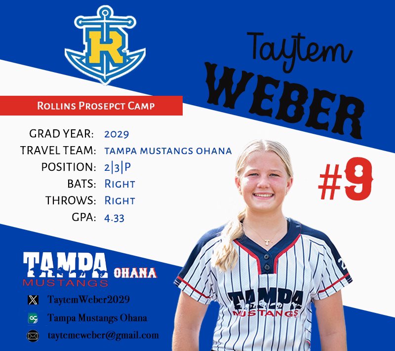 Taytem Weber (@taytemweber2029) on Twitter photo Rollins Camp this Saturday! Let’s go! 
<a href="/RollinsSoftball/">Rollins College Softball</a> <a href="/christine_roser/">Christine Roser</a> <a href="/OhanaSoftballFL/">Tampa Mustangs-Ohana</a> <a href="/TampaMustangs/">Tampa Mustangs</a> Rollins Camp this Saturday! Let’s go! 
<a href="/RollinsSoftball/">Rollins College Softball</a> <a href="/christine_roser/">Christine Roser</a> <a href="/OhanaSoftballFL/">Tampa Mustangs-Ohana</a> <a href="/TampaMustangs/">Tampa Mustangs</a>